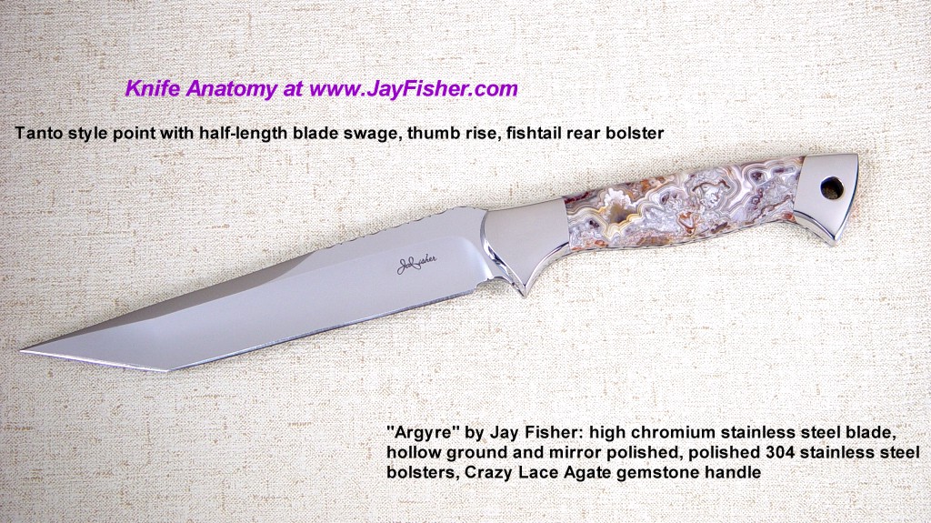 "Argyre" Collector's Tactical Knife: 440C high chromium stainless tool steel blade, mirror polished, hollow ground, 304 high nickel-chromium stainless steel bolsters, Crazy Lace Agate Gemstone handle "Argyre" Collector's Tactical Knife: 440C high chromium stainless tool steel blade, mirror polished, hollow ground, 304 high nickel-chromium stainless steel bolsters, Crazy Lace Agate Gemstone handle