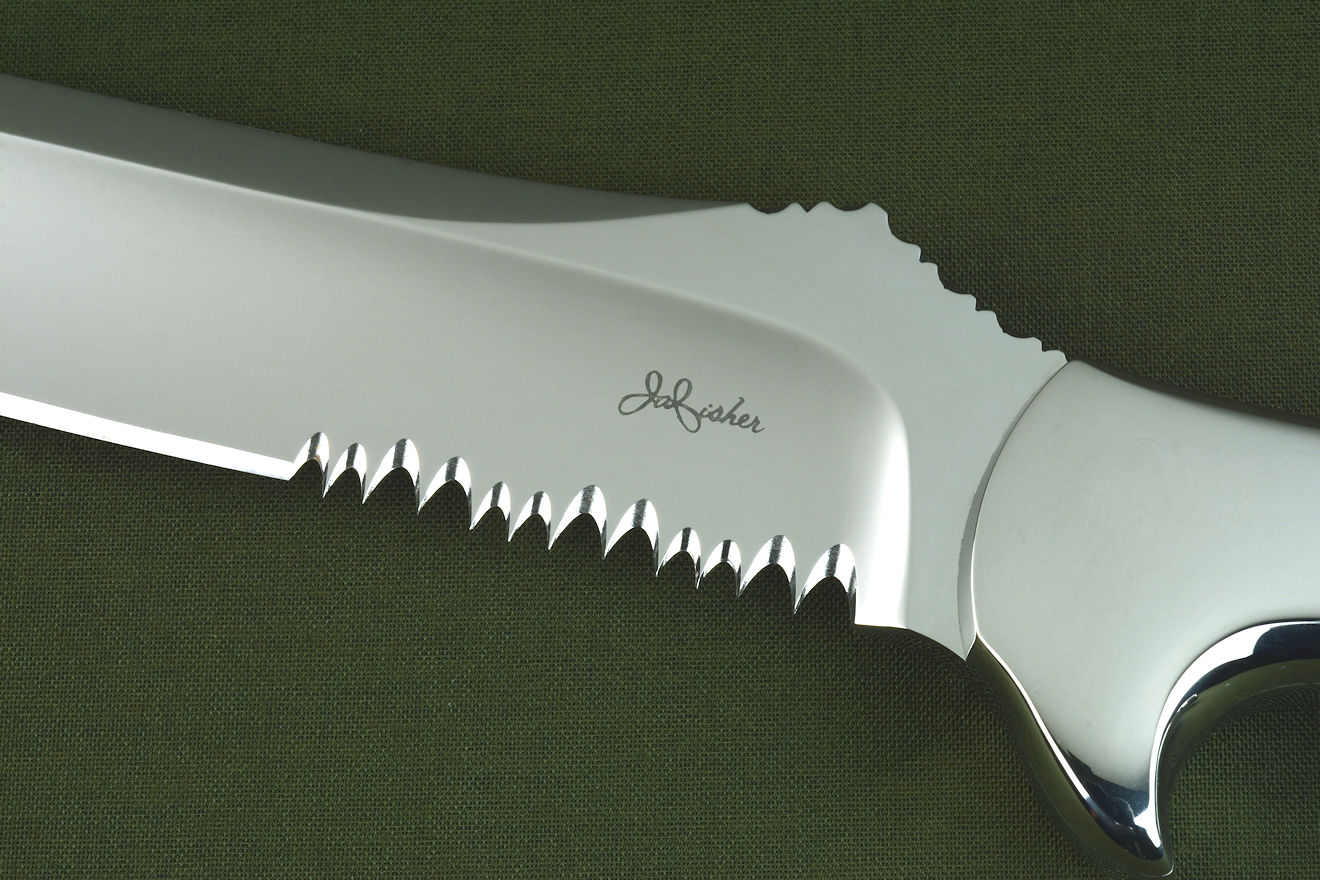 "Arctica" obverse side view in CPM154CM powder metal technology tool steel, 304 stainless steel bolsters, Cloud Jasper gemstone handle, locking kydex, aluminum, and stainless steel sheath "Arctica" obverse side view in CPM154CM powder metal technology tool steel, 304 stainless steel bolsters, Cloud Jasper gemstone handle, locking kydex, aluminum, and stainless steel sheath