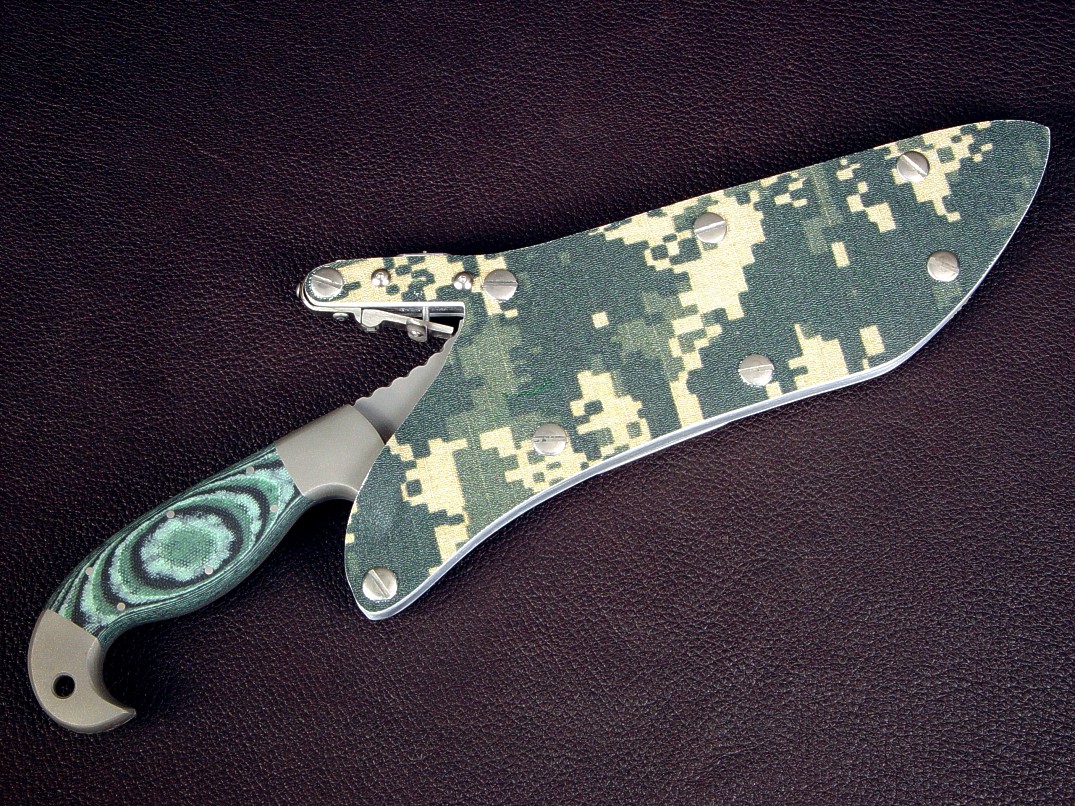 MARPAT pattern-dyed digi-camouflage kydex in locking knife sheath with stainless steel components and fittings on "Arcturus" MARPAT pattern-dyed digi-camouflage kydex in locking knife sheath with stainless steel components and fittings on "Arcturus"