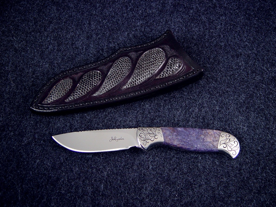 "Aurora" (Obverse View) 440C stainless steel blade, hand-engraved 304 stainless steel bolsters, Dumortierite Gemstone handle, gray lizard skin inlaid in leather sheath