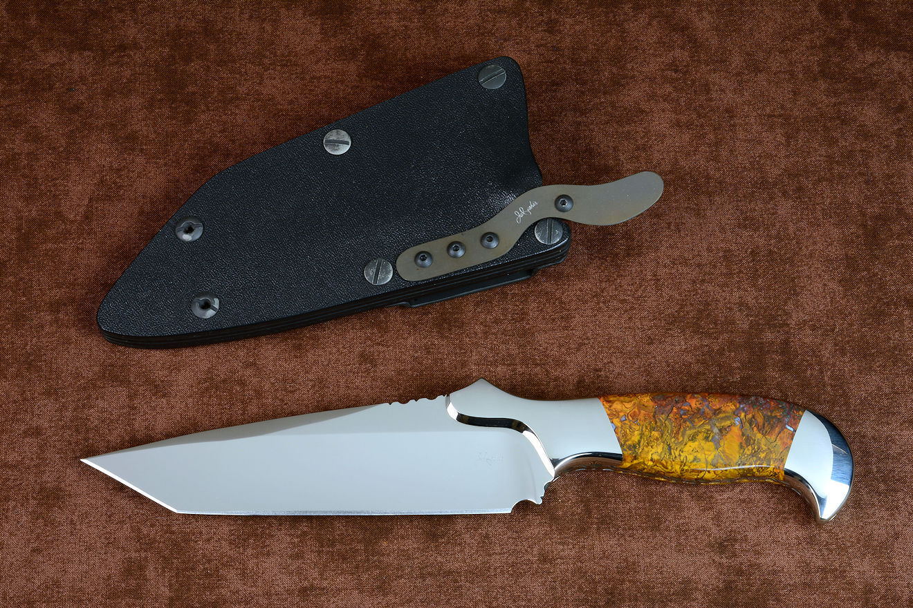 "Axia" Custom tactical knife, obverse side view in CPM 154CM powder metal high molybdenum martensitic stainless steel blade, T3 cryogenically treated blade, 304 stainless steel bolsters, Polvadera Jasper gemstone handle, hybrid tension-locking sheath in kydex, anodized aluminum, stainless steel, titanium "Axia" Custom tactical knife, obverse side view in CPM 154CM powder metal high molybdenum martensitic stainless steel blade, T3 cryogenically treated blade, 304 stainless steel bolsters, Polvadera Jasper gemstone handle, hybrid tension-locking sheath in kydex, anodized aluminum, stainless steel, titanium