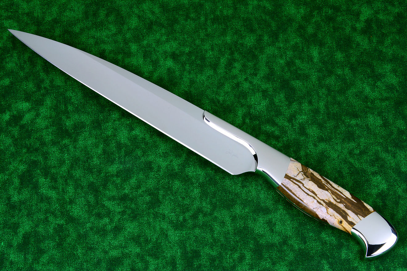 "Bordeaux" fine professional grade knife, obverse side bolster and handle detail in 440C high chromium stainless steel blade treated with T3 cryogenic heat treatment, 304 stainless steel bolsters, Brown Zebra Jasper gemstone handle