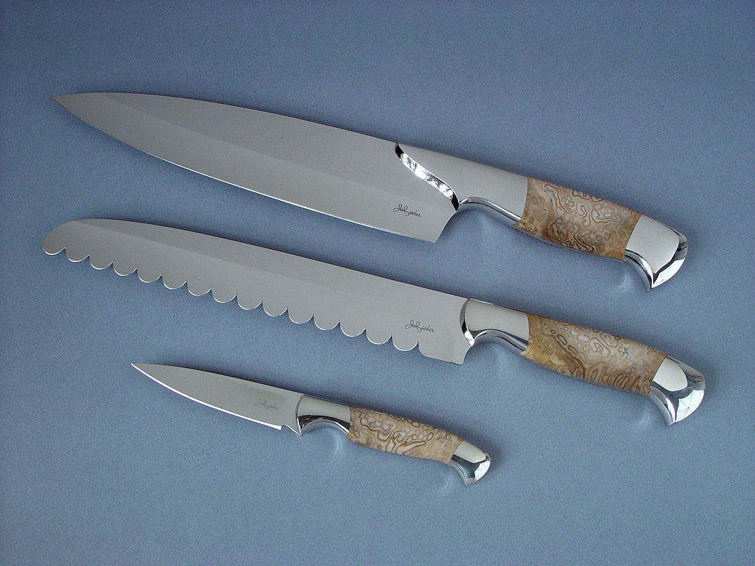 "Chef's Set" Concordia, Conditor, Consus, obverse side view in CPM154CM stainless steel blades, 304 stainless steel bolsters, Petrified Palm Wood gemstone handles "Chef's Set" Concordia, Conditor, Consus, obverse side view in CPM154CM stainless steel blades, 304 stainless steel bolsters, Petrified Palm Wood gemstone handles
