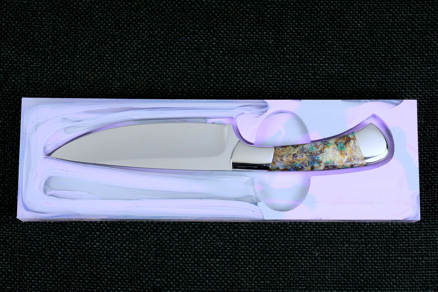Cygnus ST in CPM154CM powder metal technology high molybenum stainless steel, T3 Deep cryogenically treated blade, 304 stainless steel bolsters, Kaleidoscope Stone gemstone handle, hand-dyed, hand-cast silicone prise Cygnus ST in CPM154CM powder metal technology high molybenum stainless steel, T3 Deep cryogenically treated blade, 304 stainless steel bolsters, Kaleidoscope Stone gemstone handle, hand-dyed, hand-cast silicone prise