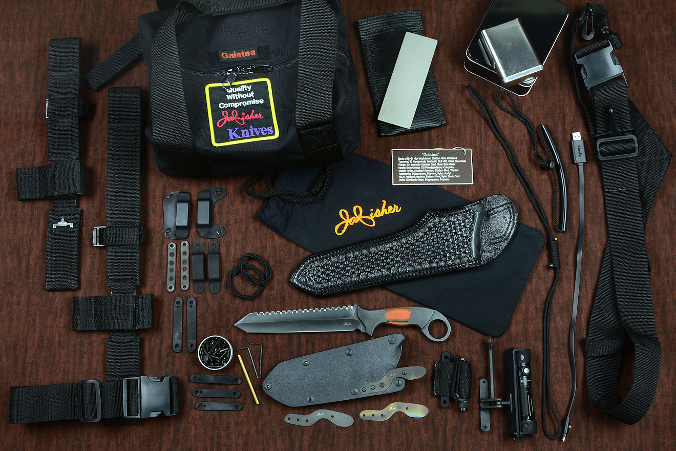 "Galatea" professional tactical, combat, rescue, counterterrorism knife kit, complete, with UBLX, EXBLX, HULA, LIMA, diamond sharpener, leather sheath, sternum harness, lanyards, staps, clamps, hardware, and heavy ballistic nylon duffle "Galatea" professional tactical, combat, rescue, counterterrorism knife kit, complete, with UBLX, EXBLX, HULA, LIMA, diamond sharpener, leather sheath, sternum harness, lanyards, staps, clamps, hardware, and heavy ballistic nylon duffle