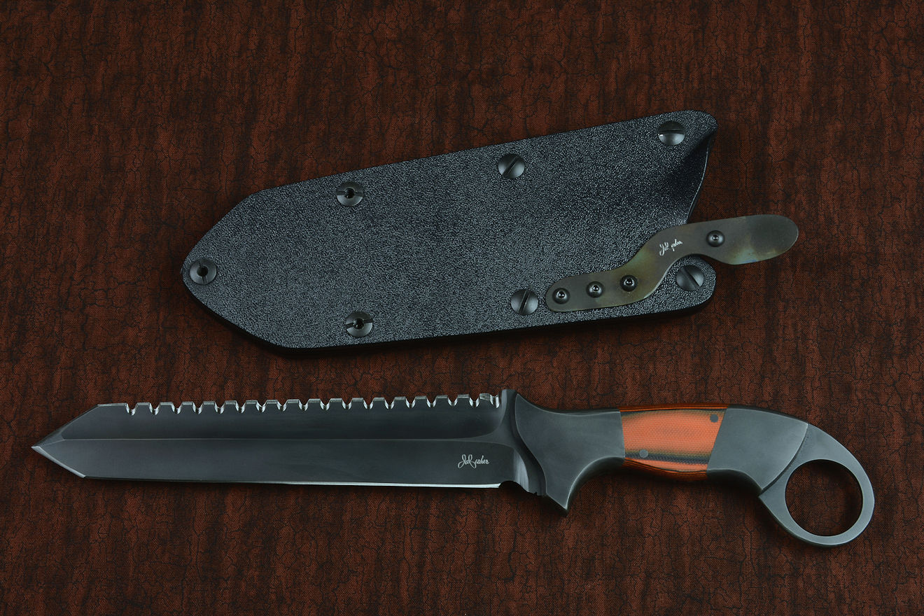 "Galatea" professional tactical, combat, rescue, CSAR, counterterrorism knife, obverse side view in ATS-34 high molybdenum stainless steel blade, 304 staniless steel bolsters, black/orange G10 fiberglass/epoxy laminate composite handle, hybrid tension-locking sheath in kydex, anodized aluminum, stainless steel, titanium "Galatea" professional tactical, combat, rescue, CSAR, counterterrorism knife, obverse side view in ATS-34 high molybdenum stainless steel blade, 304 staniless steel bolsters, black/orange G10 fiberglass/epoxy laminate composite handle, hybrid tension-locking sheath in kydex, anodized aluminum, stainless steel, titanium
