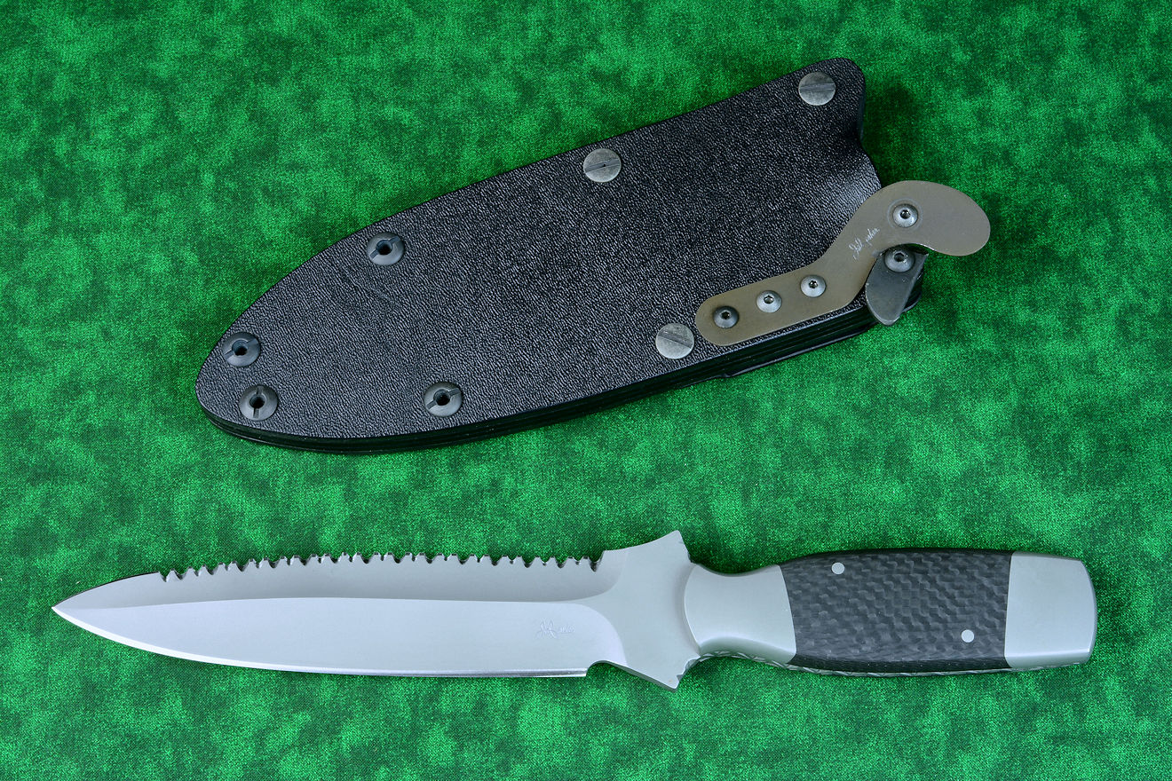 "Lynx" Custom tactical knife, obverse side view in T3 cryogenically treated ATS-34 high molybdenum martensitic stainless steel blade, 304 stainless steel bolsters, carbon fiber handle, hybrid tension tab-wedge sheath in kydex, anodized aluminum, anodized titanium, blackened stainless steel "Lynx" Custom tactical knife, obverse side view in T3 cryogenically treated ATS-34 high molybdenum martensitic stainless steel blade, 304 stainless steel bolsters, carbon fiber handle, hybrid tension tab-wedge sheath in kydex, anodized aluminum, anodized titanium, blackened stainless steel