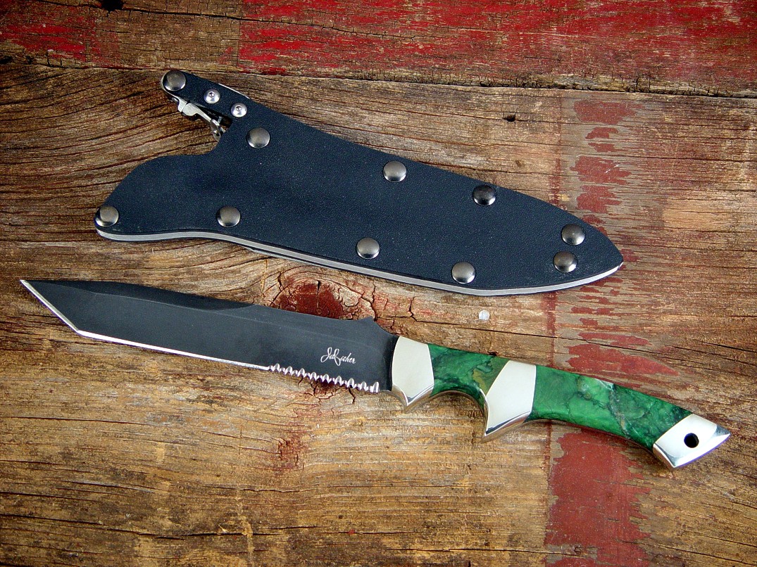 "Minuteman" in blued and bead blasted O-1 high carbon tungsten-vanadium tool steel blade, 304 stainless steel bolsters, Verdite (Budstone) gemstone handle, locking kydex, aluminum, stainless steel, blued steel sheath "Minuteman" in blued and bead blasted O-1 high carbon tungsten-vanadium tool steel blade, 304 stainless steel bolsters, Verdite (Budstone) gemstone handle, locking kydex, aluminum, stainless steel, blued steel sheath