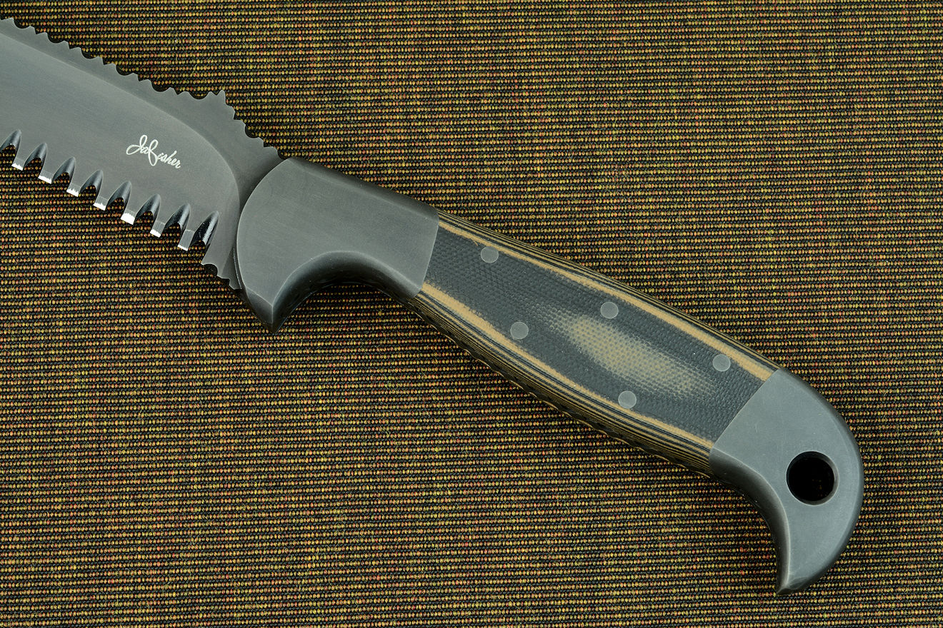 "PJLT" obverse side view in 440C high chromium stainless steel blade, 304 stainless steel bolsters, coyote/black G10 fiberglass/epoxy composite laminate handle, locking kydex, aluminum, stainless steel sheath "PJLT" obverse side view in 440C high chromium stainless steel blade, 304 stainless steel bolsters, coyote/black G10 fiberglass/epoxy composite laminate handle, locking kydex, aluminum, stainless steel sheath