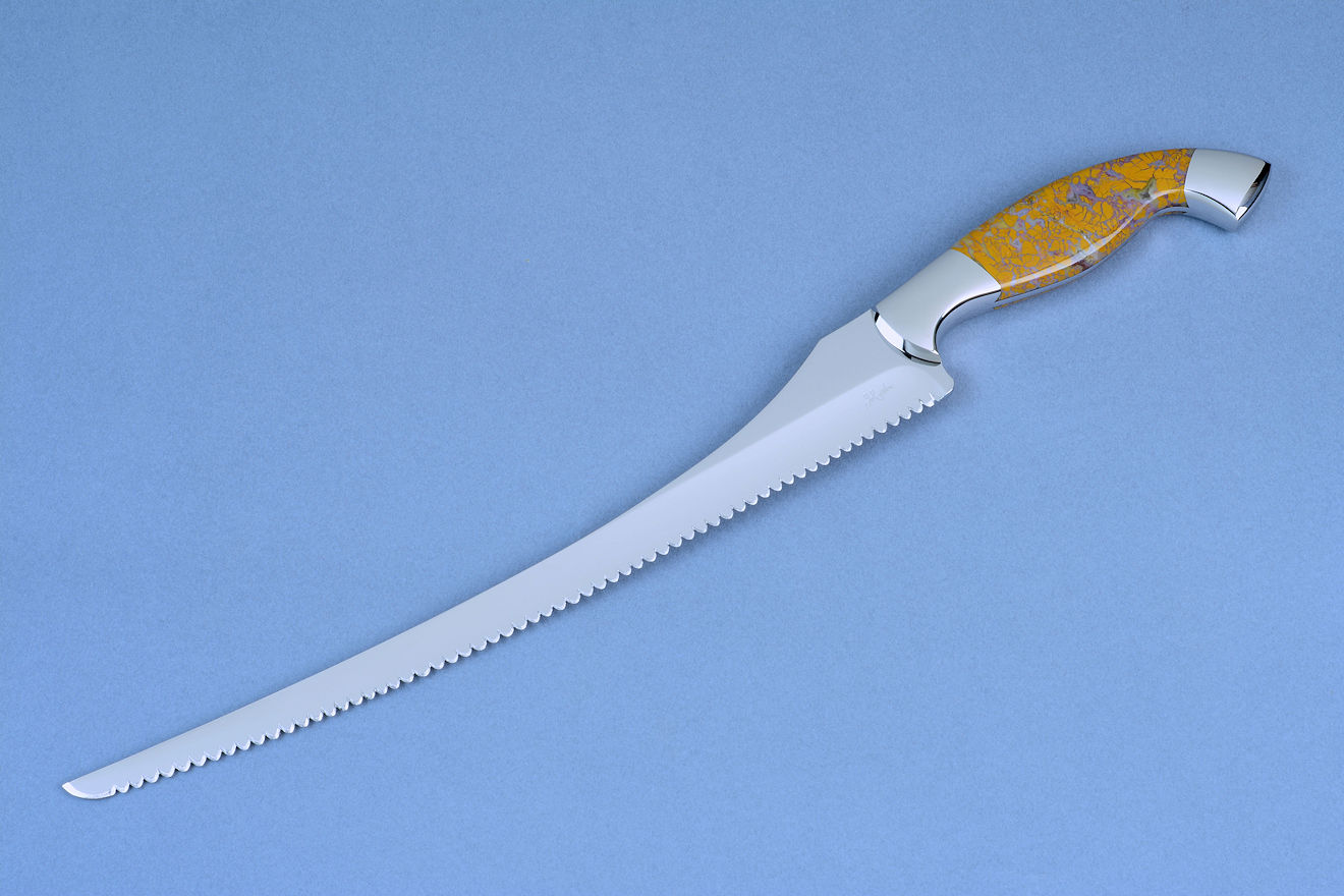 "Sasserides" elegant and graceful bread knife with "mini-curtain" serrations, in stainless steel cryogenically treated blade, stainless steel bolsters, Stone Canyon Jasper gemstone handle "Sasserides" elegant and graceful bread knife with "mini-curtain" serrations, in stainless steel cryogenically treated blade, stainless steel bolsters, Stone Canyon Jasper gemstone handle