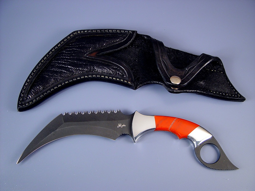Serrations on Kerambit: "Triton" kerambit, obverse side view: O-1 high carbon tool steel blade, carbon steel bolsters, Red River Jasper gemstone handle, ostrich leg skin inlaid in hand-carved leather sheath Serrations on Kerambit: "Triton" kerambit, obverse side view: O-1 high carbon tool steel blade, carbon steel bolsters, Red River Jasper gemstone handle, ostrich leg skin inlaid in hand-carved leather sheath