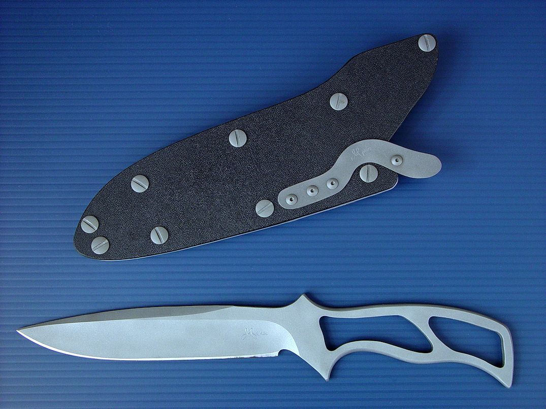 "Viper" skeletonized tactical, combat knife, obverse side view in ATS-34 high molybdenum stainless steel blade, hybrid tension-locking sheath in kydex, aluminum, stainless steel, titanium "Viper" skeletonized tactical, combat knife, obverse side view in ATS-34 high molybdenum stainless steel blade, hybrid tension-locking sheath in kydex, aluminum, stainless steel, titanium