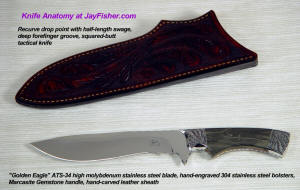 "Golden Eagle" ATS-34 high molybdenum stainless steel blade, hand-engraved 304 stainless steel bolsters, Marcasite and Jasper gemstone handle, hand-carved leather sheath "Golden Eagle" ATS-34 high molybdenum stainless steel blade, hand-engraved 304 stainless steel bolsters, Marcasite and Jasper gemstone handle, hand-carved leather sheath