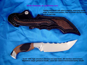 "Izumi" Tanto blade knife: mirror polished 440C high chromium stainless steel blade, 304 stainless steel bolsters, Nightstorm jasper gemstone handle, lizard inlaid in leather sheath "Izumi" Tanto blade knife: mirror polished 440C high chromium stainless steel blade, 304 stainless steel bolsters, Nightstorm jasper gemstone handle, lizard inlaid in leather sheath