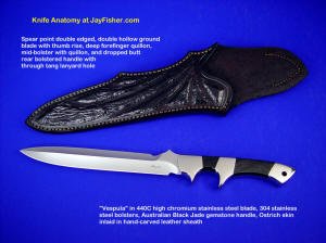 "Vespula" obverse side view: 440C high chromium stainless steel blade, 304 stainless steel bolsters, Australian Black Jade gemstone handle, Ostrich leg skin inlaid in hand-carved leather sheath "Vespula" obverse side view: 440C high chromium stainless steel blade, 304 stainless steel bolsters, Australian Black Jade gemstone handle, Ostrich leg skin inlaid in hand-carved leather sheath