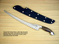 "Sasserides" Chef's bread knife, obverse side view in 440C high chromium stainless steel blade, 304 stainless steel bolsters, Australian Tiger Iron gemstone handle, kydex, nickel plated steel slip sheath