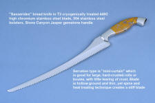 "Mini-curtain" knife blade serrations for hard, crusty and filled breads "Mini-curtain" knife blade serrations for hard, crusty and filled breads