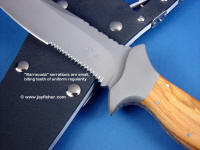 Knife blade serrations: Barracuda. This style has small, fine teeth that are very sharp and close spaced. Cuts a bit smoother than my Vampire style Knife blade serrations: Barracuda. This style has small, fine teeth that are very sharp and close spaced. Cuts a bit smoother than my Vampire style