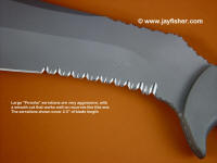 Large Piranha serrations in a recurve area of a survival and combat weapon and tool Large Piranha serrations in a recurve area of a survival and combat weapon and tool