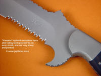 "Vampire" rip tooth serrations on thin blade. Creates a very thin and sharp tooth. "Vampire" rip tooth serrations on thin blade. Creates a very thin and sharp tooth.